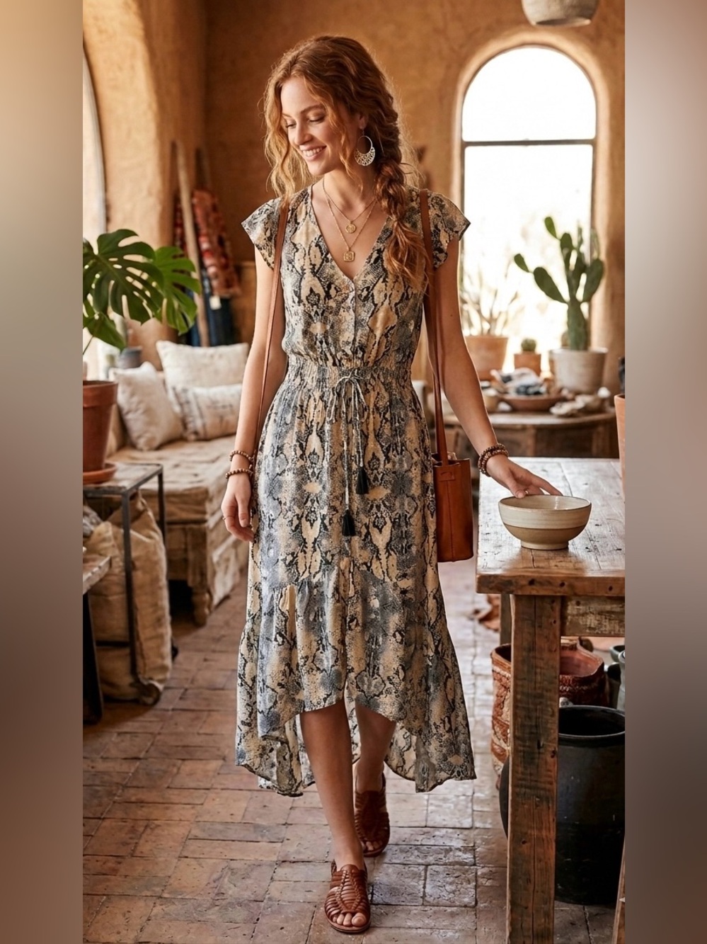 Anthropologie RAGA Snake-Print Asymmetrical Maxi Dress in Beige and Black XS